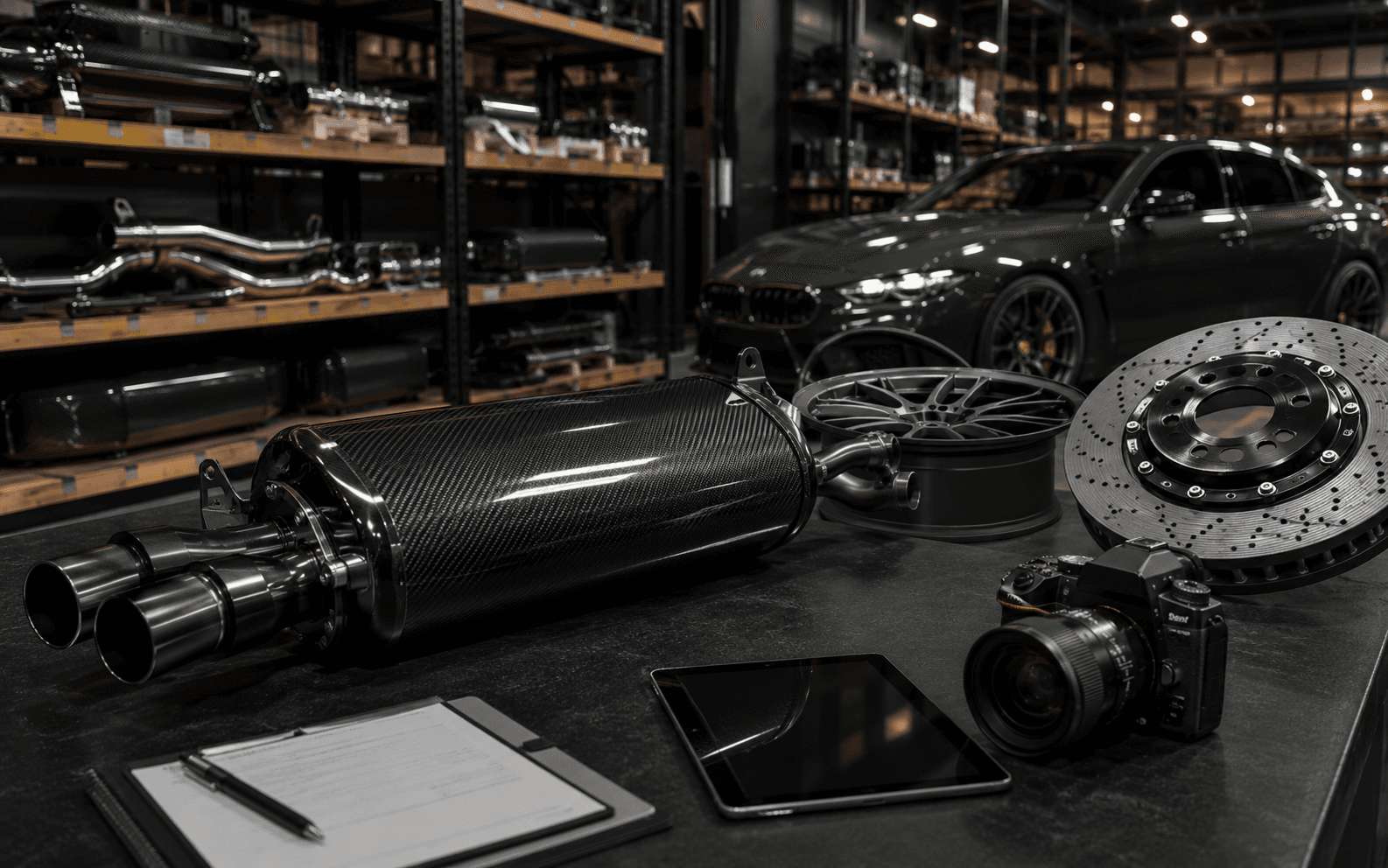 A carbon exhaust, wheel, and brake rotor laid out on a bench with a camera, tablet, and intake sheet