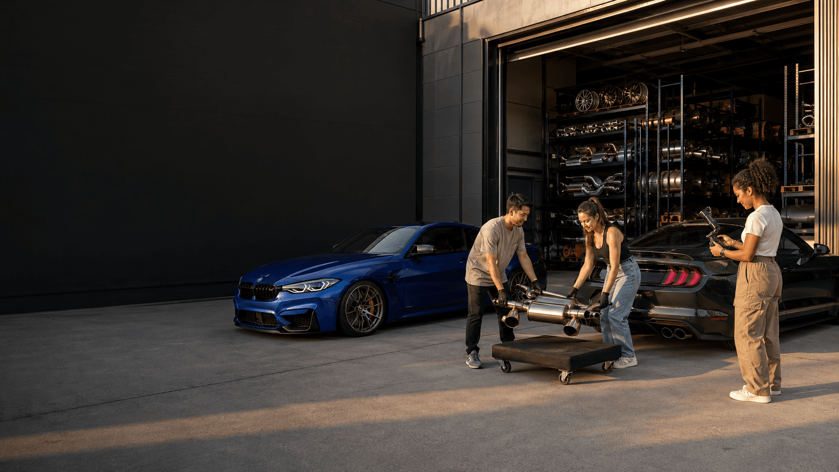 An owner and KICKBACK staff moving an exhaust onto a padded intake cart outside the warehouse