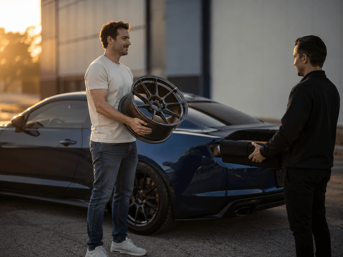 An owner handing one forged wheel to KICKBACK staff beside their own coupe