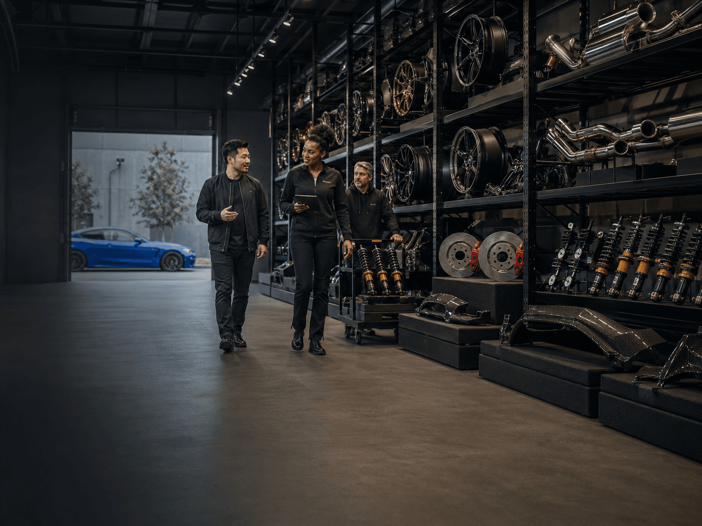 A shop partner walking the KICKBACK warehouse aisle past racked wheels and suspension