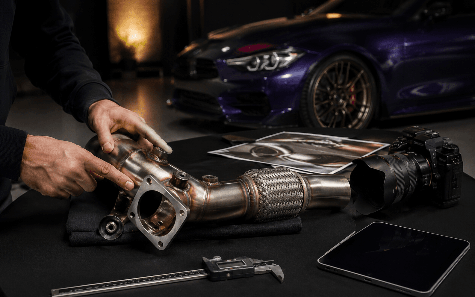 A downpipe measured with calipers and photographed beside a camera and tablet