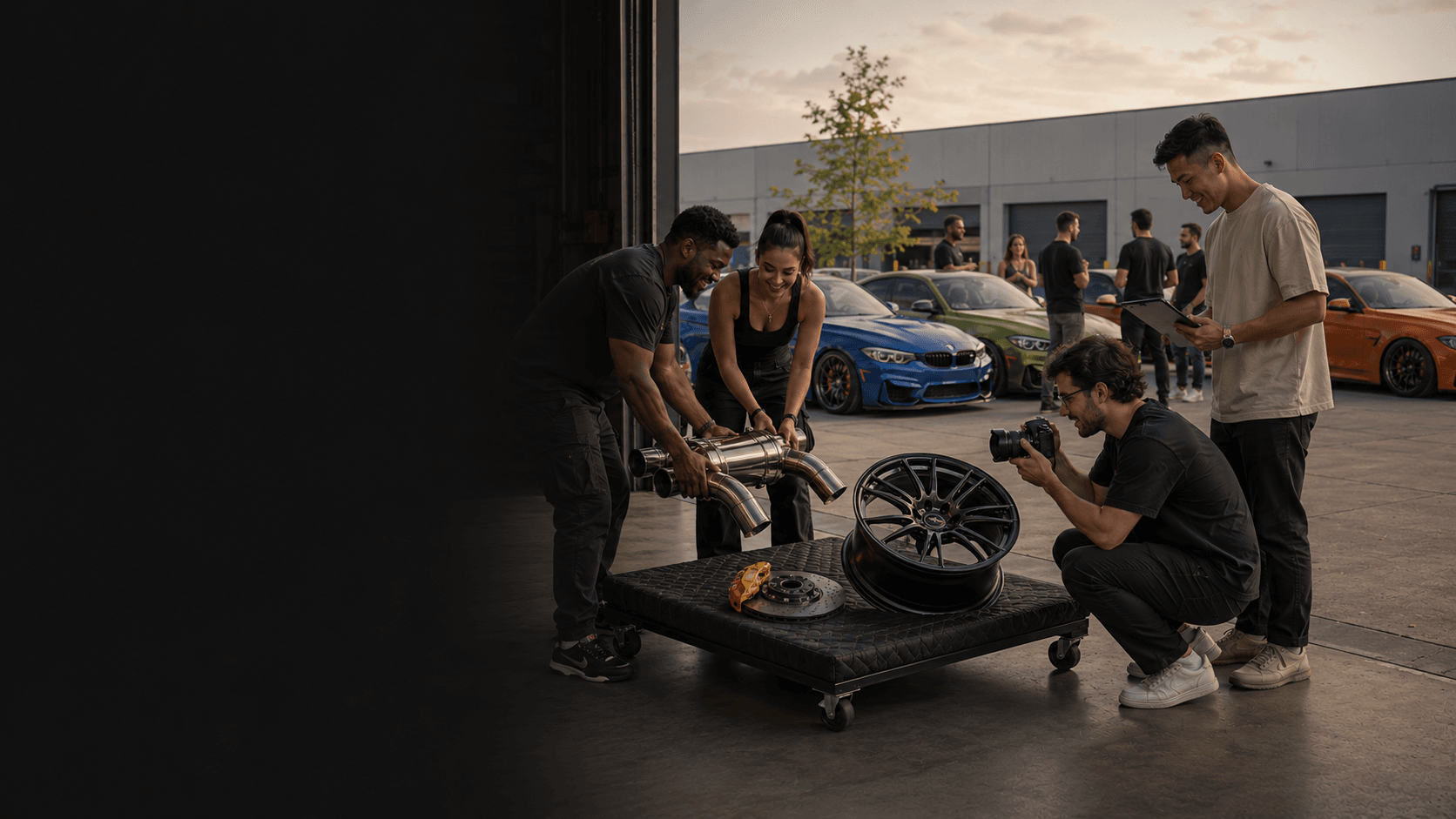 Kickback staff photographing and recording an exhaust, wheel, and brake assembly at intake