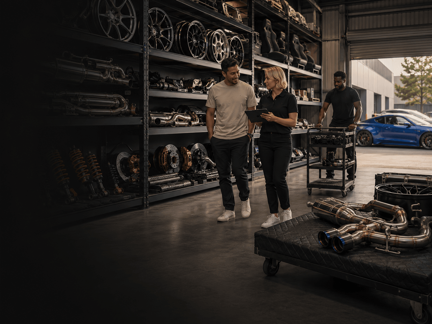 Shop staff reviewing catalogued performance parts on warehouse shelving